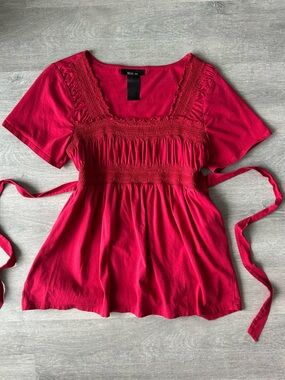 Y2K Boho Style & Co. Women's Red Smocked Square-Neck Babydoll Top with Tie